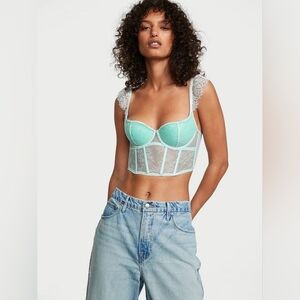 Victoria's Secret Teal Dream Angels Lace  Cap- Sleeve Corset. Size L.